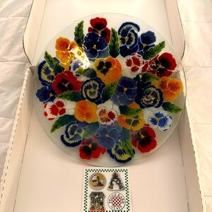 Peggy Karr 13” Pansies Fused Colored Art Glass Flowers Centerpiece Bowl